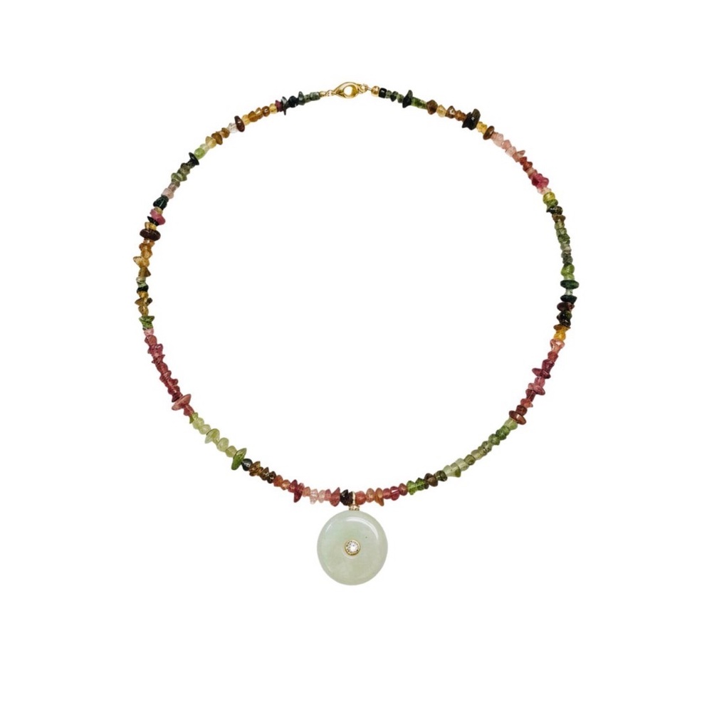 *NWT* Watermelon Tourmaline Beaded Necklace with Jade and Crystal Pendant